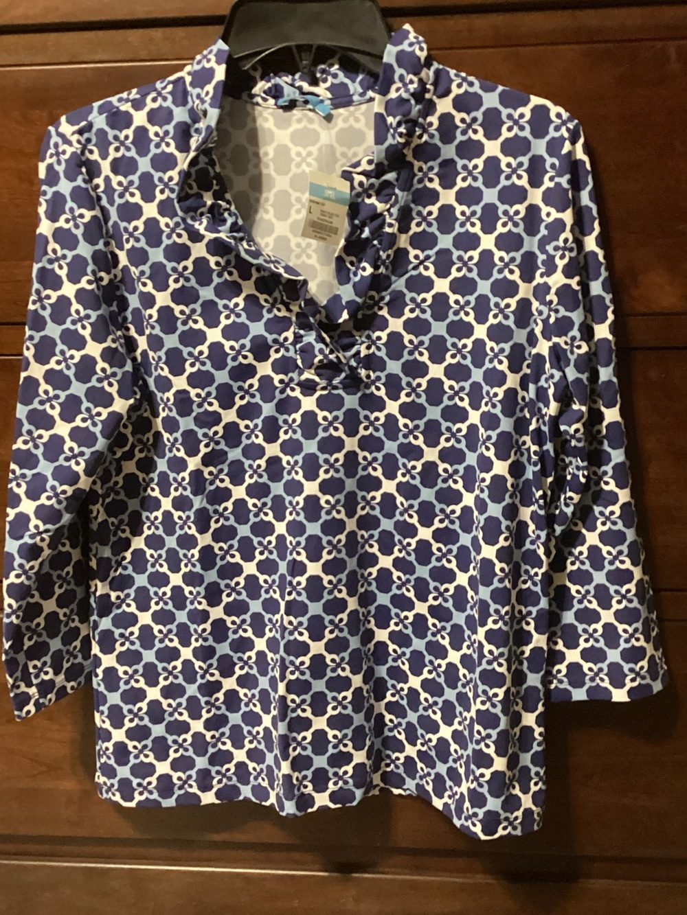 Geometric Blue Ruffle V-Neck Women’s Blouse